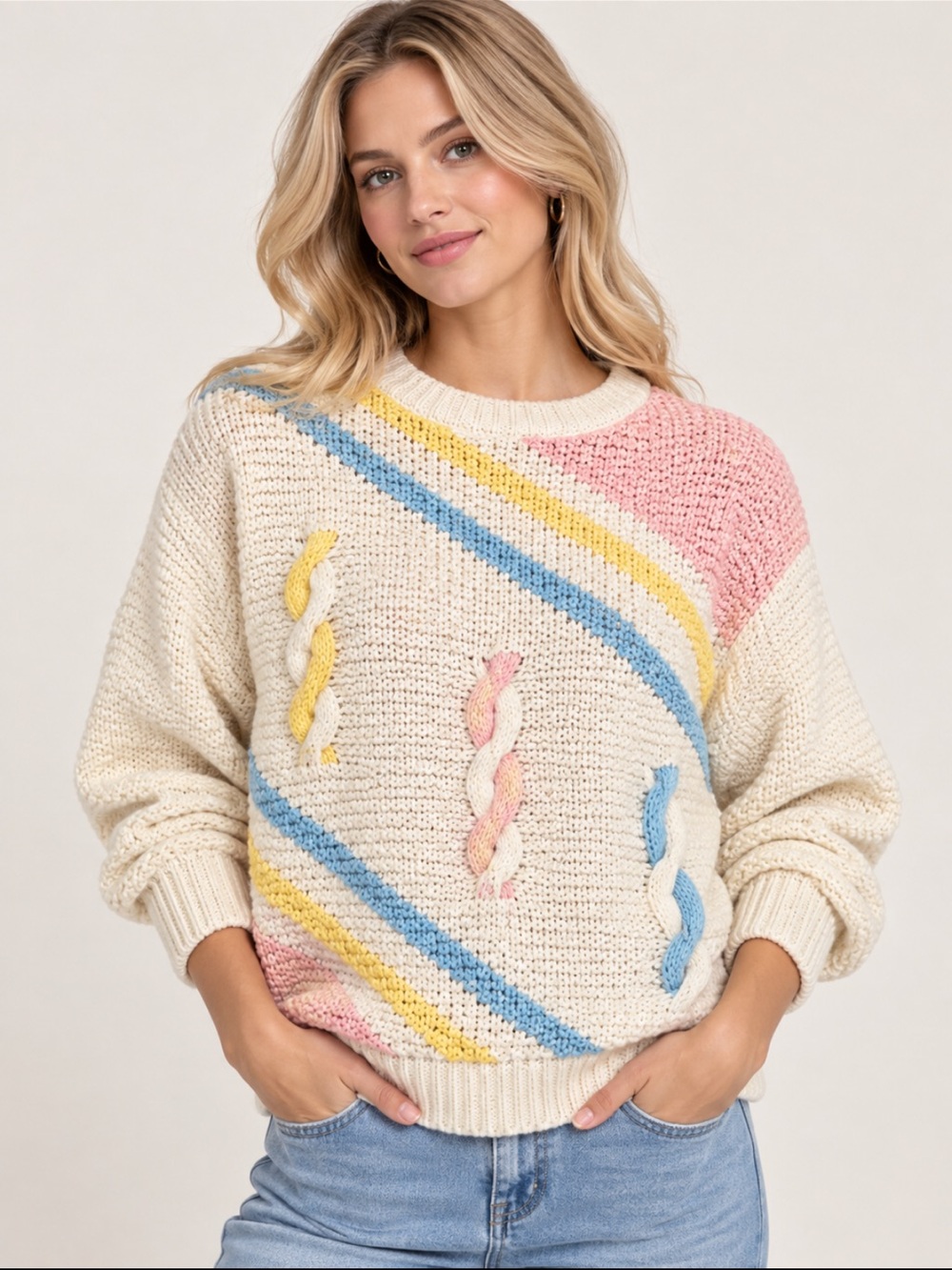 Vintage Windcrest Hand Knit Sweater New With Tags Size M Pastel
